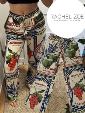 Rachel Zoe Cream Tropical-Print Linen Wide Leg Pants with colorful fruit